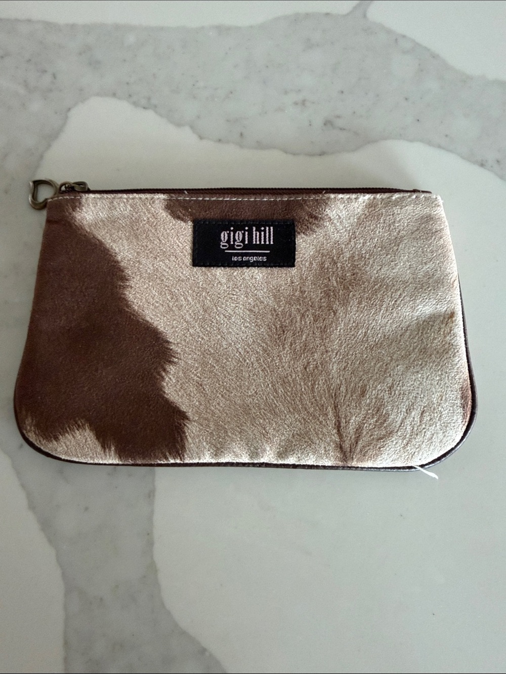 gigi hill faux Cowhide Zip Pouch in Champagne and Brown. Heart pendant Zipper